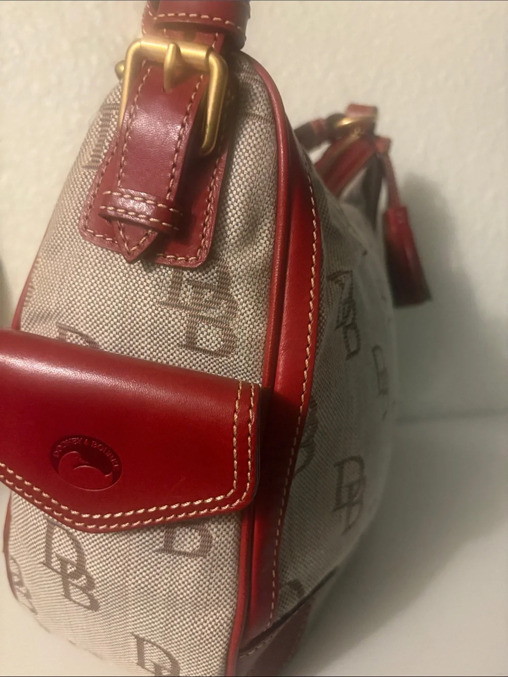 Dooney & Bourke Beige Logo Canvas Hobo with Red Trim